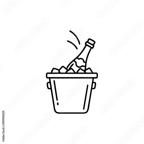 Champagne bottle in ice bucket with condensation and ice cubes  