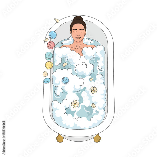 Woman Relaxing in Bathtub Bubbles.