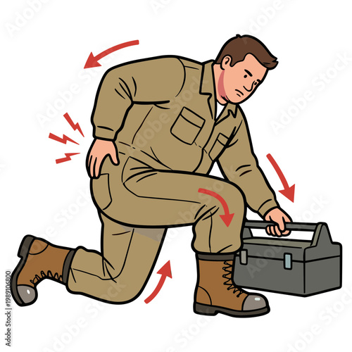 Man kneeling down to pick up a heavy toolbox causing back pain.