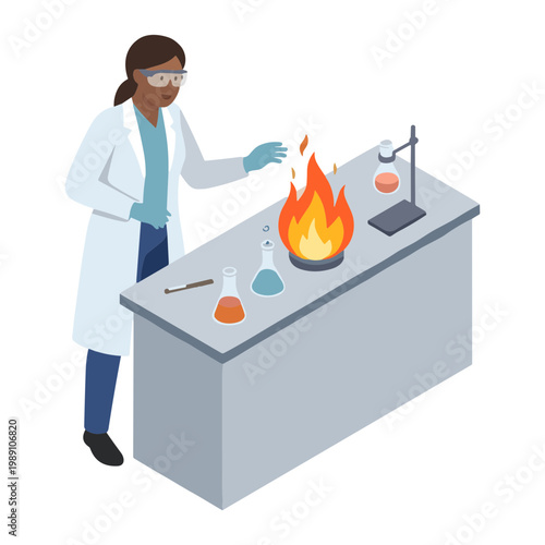 A scientist in a lab coat conducts an experiment with a flame on a laboratory table.