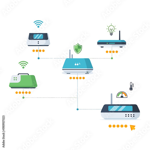 Wireless router with network devices connected.