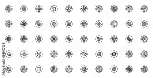 Vegan food icon set. Vector illustration of plant-based dishes. Includes tofu, pasta, ramen, pizza, curry, salad, chocolate and more. Editable stroke.