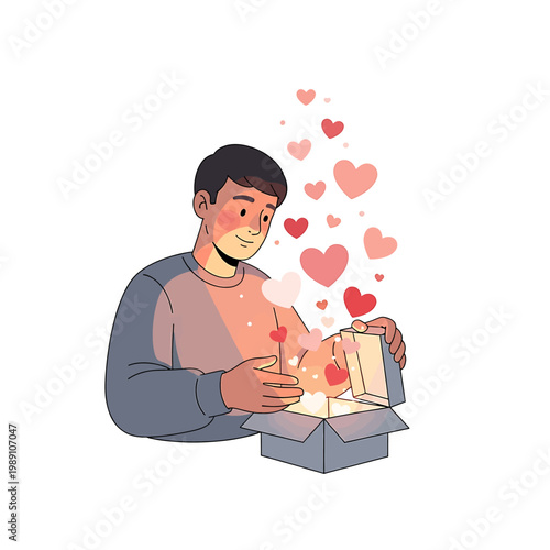 Man opening gift box with hearts.