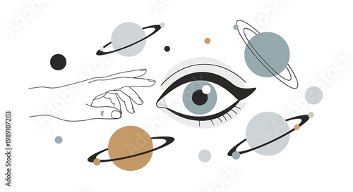 Eye with planets and hand drawn.