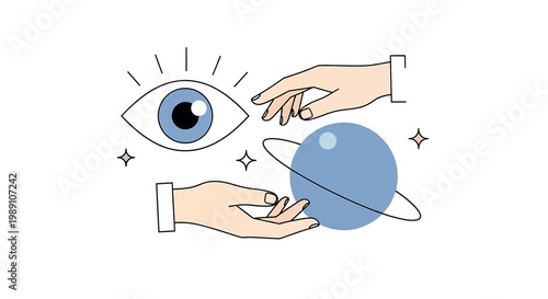 Hands holding planet and eye symbol.