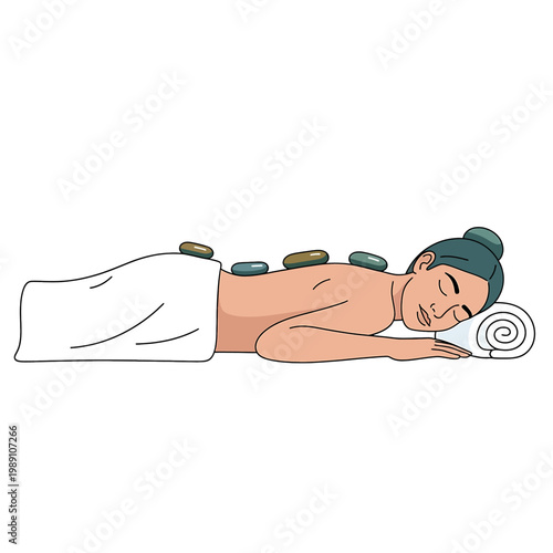 Woman receiving hot stone massage therapy.