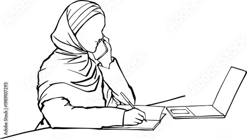 Muslim Businesswoman Talking on Phone While Working