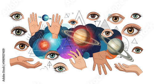 Hands Reaching for Planets and Eyes.