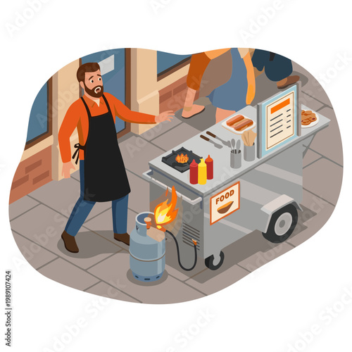 Man cooking food on a cart outdoors near a building on a sidewalk
