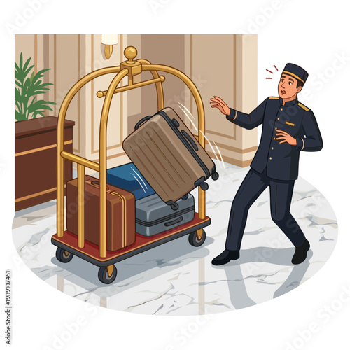 A porter struggles with an unstable luggage cart in a hotel lobby.