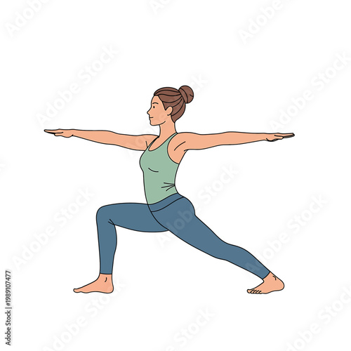Woman in Warrior Yoga Pose Stretching.