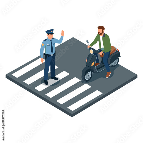 Police officer stops motorcyclist at crosswalk on road