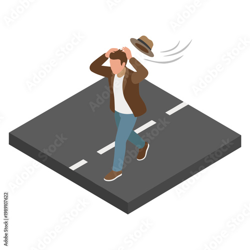 Man struggles to walk on road as hat flies away in windy conditions