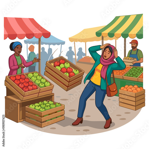 Woman dancing joyfully among vibrant fruit stands at outdoor market with vendors