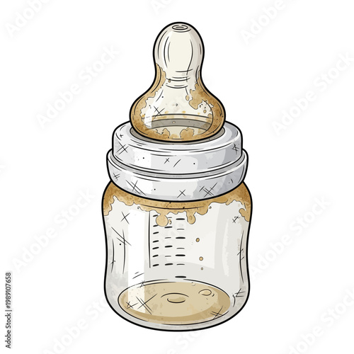 Dirty baby bottle with milk residue on white background