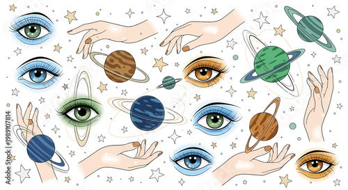 Hands holding planets and human eyes 1.