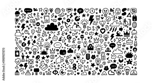 A large collection of various black symbols and icons are densely packed in a rectangular area on a white background.