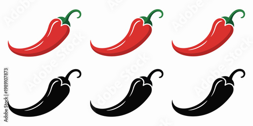 Hot chili pepper bold red and black silhouette illustrations, symbolizing spicy cuisine, Mexican food, heat level seasoning concepts