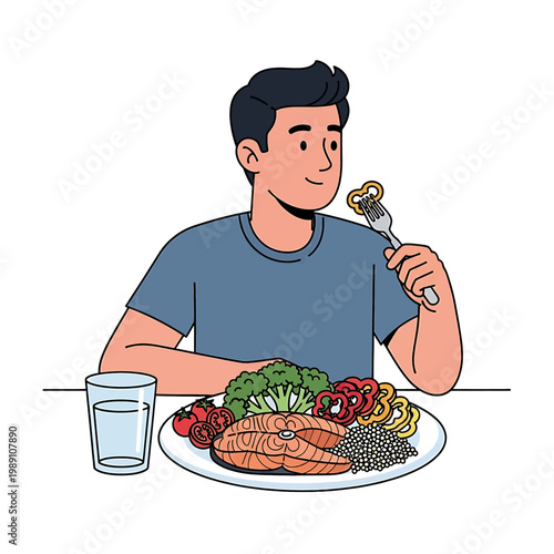 Man eating healthy food with fork.