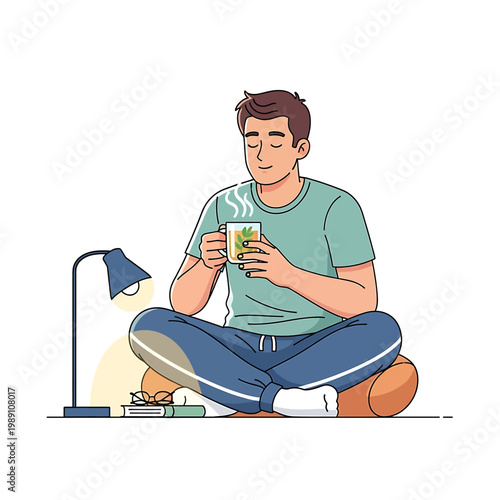 Man sitting cross legged with coffee.