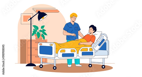 A doctor examines a patient lying on a hospital bed in a room.