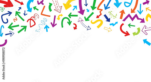 A chaotic scene of colorful arrows pointing in various directions fill the frame.