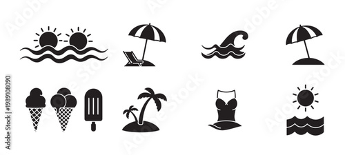 Εκτύπωση καμβά Black and white beach icons on a including sun, palm trees, and beach chairs