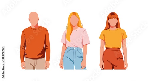 Three people standing side by side wearing casual clothing