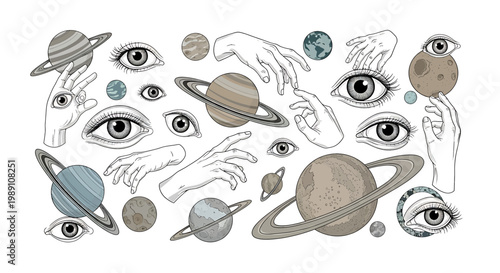 Eyes and planets in space collage.