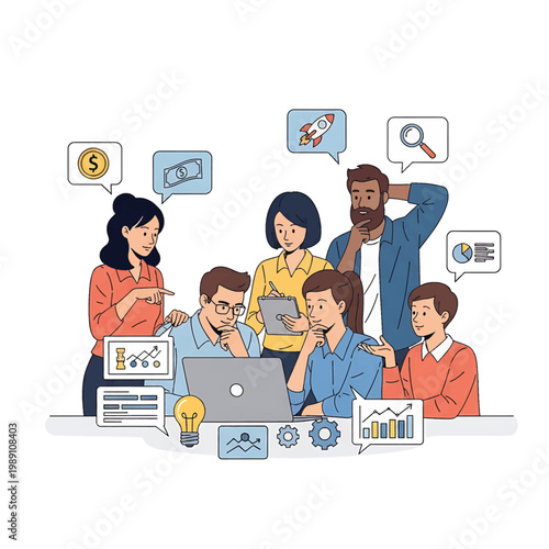 Diverse group brainstorming business ideas together.