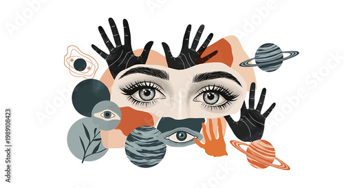 Woman Face with Planet Hands Eyes.