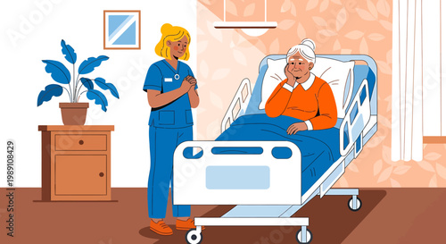 Nurse standing beside hospital bed with patient in orange shirt