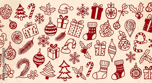 Christmas icons and decorations are scattered across a festive holiday background
