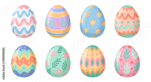 Colorful Easter eggs with various patterns are displayed on a surface.