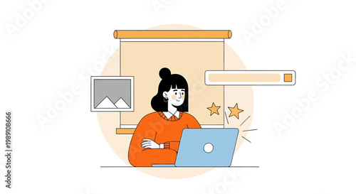 A woman works on her laptop in an office setting with a presentation.