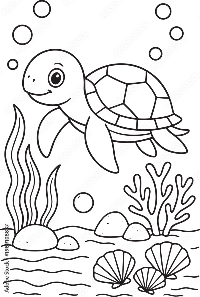 Fototapeta premium Underwater Sea Turtle Swimming by Coral Reef Coloring Page Vector Art
