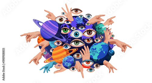 Many cartoon eyes and hands together.