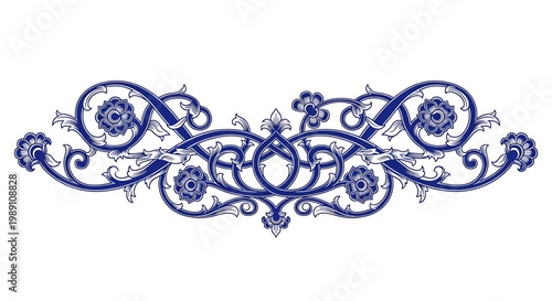Intricate Blue Floral Ornate Design Element.