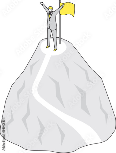 山頂で旗を掲げるビジネスマンのアイソメトリック線画イラスト