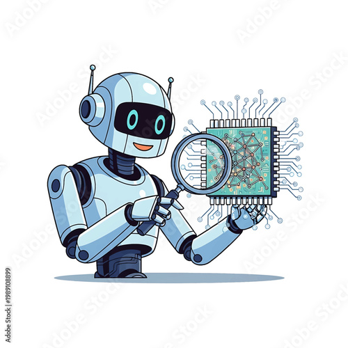 Robot examining computer microchip closely.