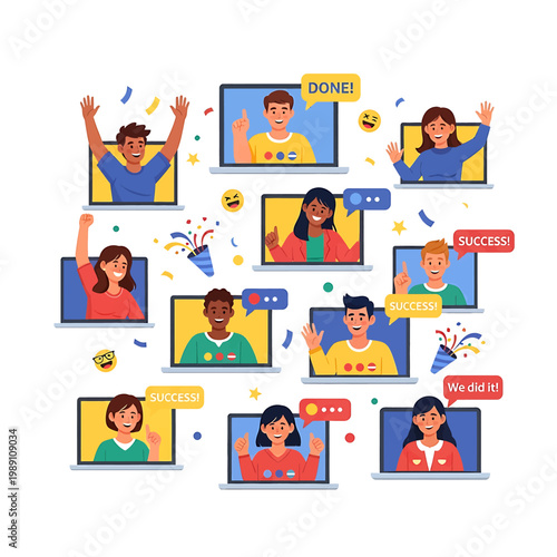 People celebrating on video calls.