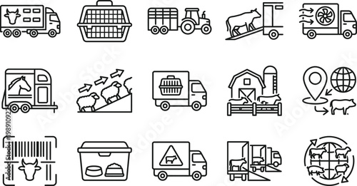 Livestock transport and farm logistics web icons in line style. Animal shipping, farm delivery, supply chain, editable stroke, outline icon collection. Vector illustration.