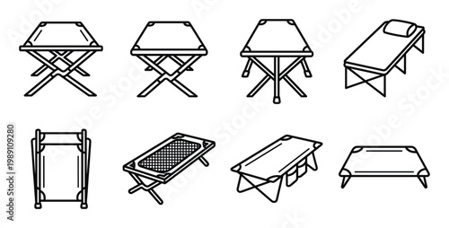 Collection of camping furniture icons including folding tables and portable beds in various views.