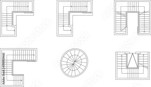 Set of Architectural Staircase Floor Plan Symbols Showing Various Geometric Configurations for Modern Building Design and Construction Blueprints