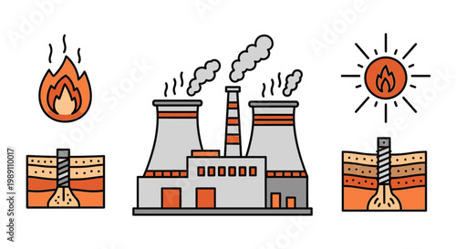Industrial Power Plant Icon Showing Geothermal Energy Extraction and Heat Production for Electricity Generation