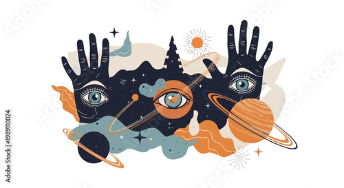 Hands with eyes and planets illustration.