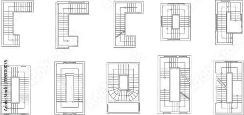 Collection of Architectural Staircase Floor Plan Vector Icons Showing Various Geometric Configurations and Structural Layouts for Building Design Projects