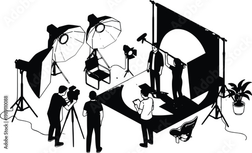 Isometric 3D vector illustration of professional video and film production studio set with camera crew and lighting equipment on white background