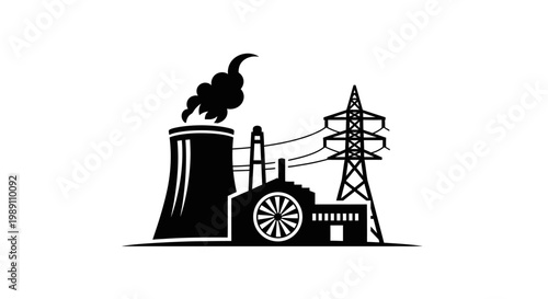 Industrial power plant with cooling tower, machinery, and electrical transmission tower emitting smoke