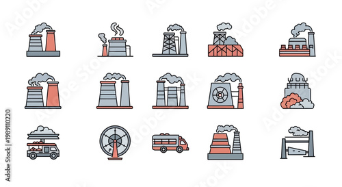 Collection of Industrial Factory Icons for Manufacturing and Power Generation Concepts